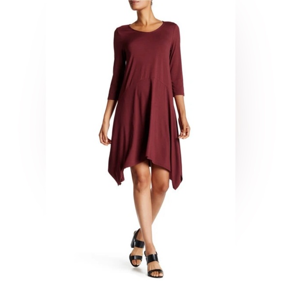 Eileen Fisher Asymmetrical Hem 3/4 Sleeve Passion Flower Scoop-Neck Jersey Dress - Picture 3 of 7